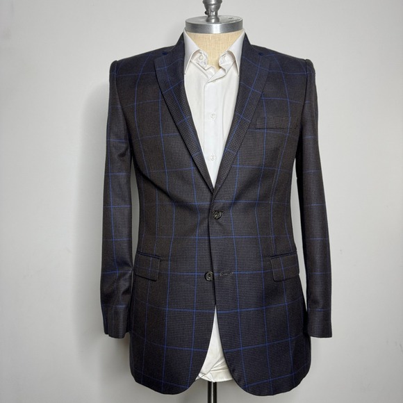 Alan Flusser 42L Brown Blue Plaid Two Button Blazer Modern Fit Sport Coat - Picture 1 of 10